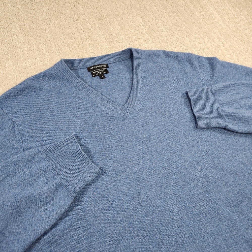 Mantovani Studio Sweater Men Large 100% Italian Cashmere V Neck Blue Luxury